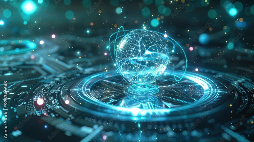 Poster futuristic holographic technology concept showcasing a glowing digital globe within a high-tech envi