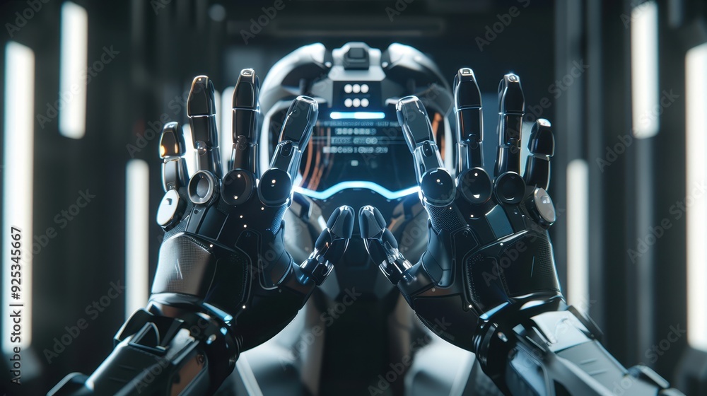 Poster futuristic humanoid robot with advanced technology. close-up of robot holding hands up near face, sh