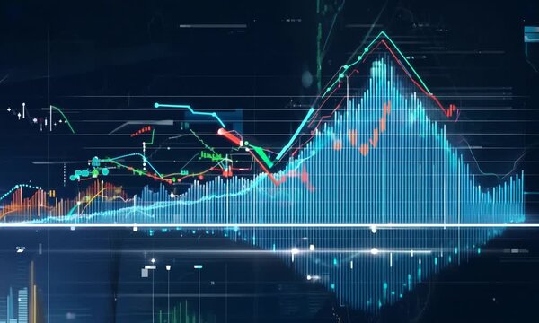 Digital representation of business graphs and charts with fluctuating lines and data points, illustrating financial trends and market analysis