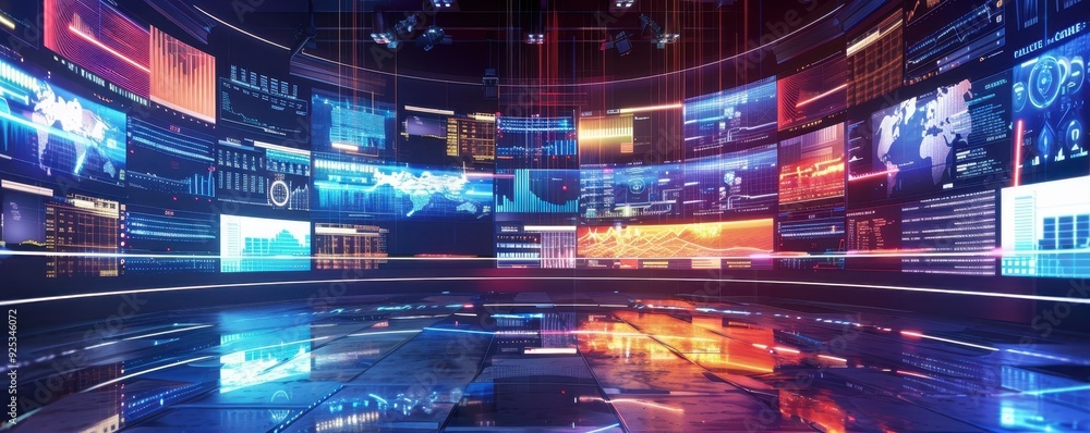 Poster high-tech digital newsroom with multiple screens displaying global news and information updates in a