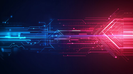 Obraz premium Abstract arrow-themed technological background with digital lines and circuit board elements in blue, red, and pink colors