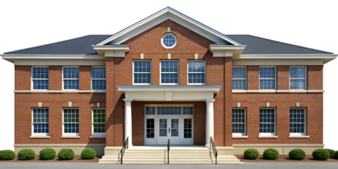 PNG traditional two-story brick building with shrubs transparent