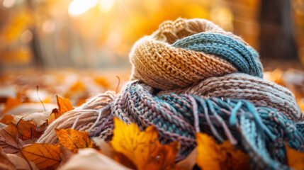 Knitted scarf with autumn leaves