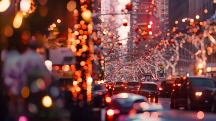 A street in New York City is decorated for the holidays, with twinkling lights and ornaments adorning the trees A bustling city street filled with holiday decorations