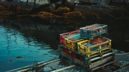 Stacked lobster cages on a wooden dock by the water, with rocky shores and seaweed in the background, capturing a seaside life.