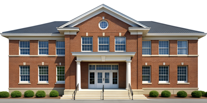 PNG traditional two-story brick building with shrubs transparent