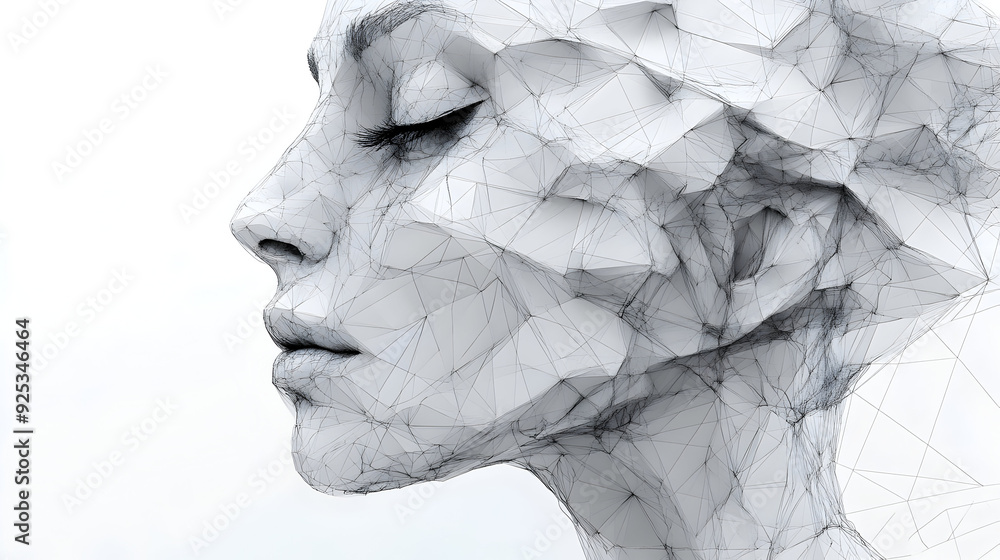 Poster a stylized, abstract representation of a human face composed of triangular shapes.