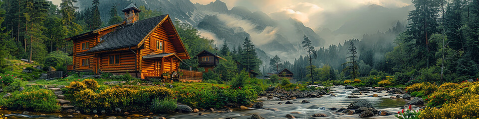 Ein malerisches Dorf in den Bergen, rustikale Holzhäuser, blumengeschmückte Gärten und ein plätschernder Bach, in einem klassischen, realistischen Stil.