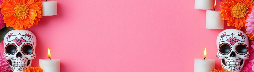 Colorful Day of the Dead theme with vibrant skulls, flowers, and candles on a pink background, perfect for festive celebrations.