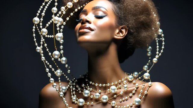 Jewelry fashion portrait, woman in luxury creative golden pearls jewels, glamour female african American model with beauty face makeup wearing expensive gold stylish Jewelry on black background