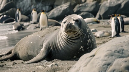 Fototapeta premium A close-up of a large, lounging seal resting on a rocky beach with several penguins in the background.