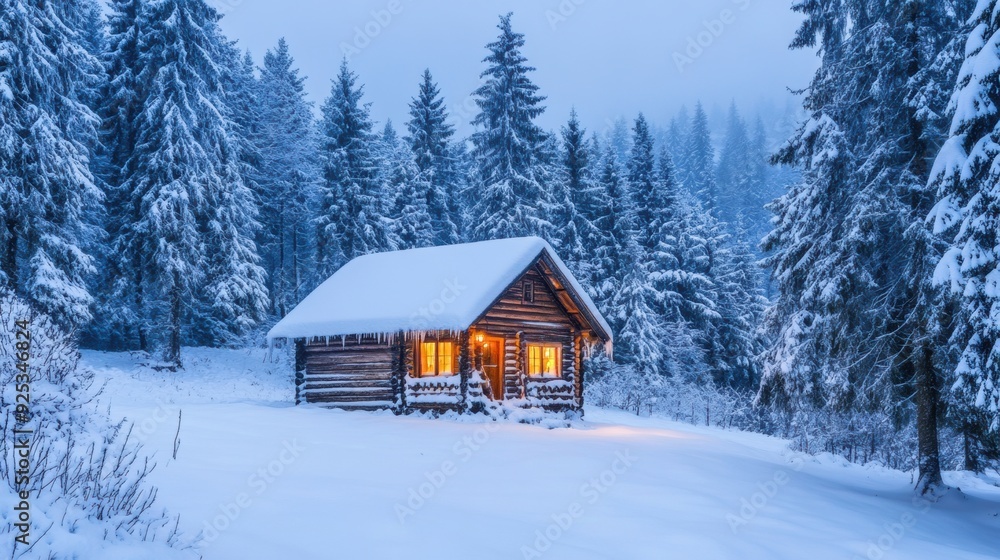 Wall mural a small cabin in the snow covered forest with a light on, ai