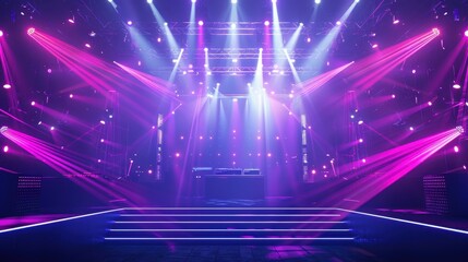 Vibrant concert stage with dazzling pink and purple lights, ready for an electrifying performance. Perfect for entertainment and events visuals.