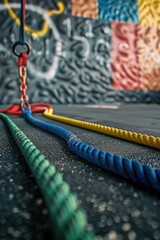 Sets of colored gymnastic exercise mats, arranged with resistance bands for conditioning and fitness. Sports equipment used in gym workouts.