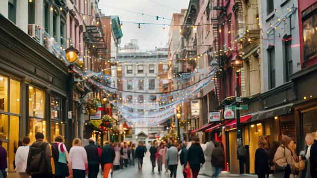A Busy City Street Lined With Colorful Storefronts, Illuminated by String Lights, A bustling city street lined with colorful storefronts and holiday shoppers