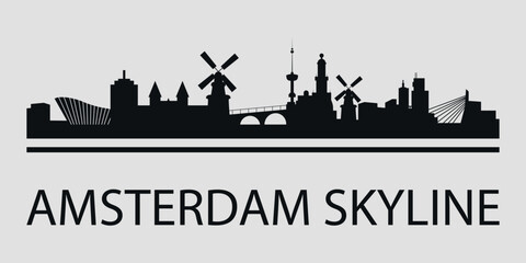 Obraz premium The city skyline. Amsterdam. Silhouettes of buildings. Vector on a gray background
