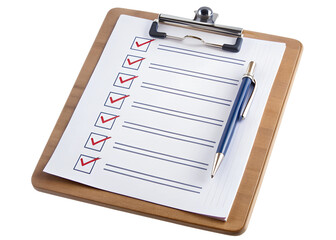 PNG completed checklist on clipboard with pen transparent
