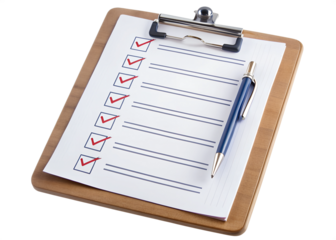 PNG completed checklist on clipboard with pen transparent