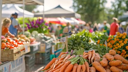 A bustling farmers market with fresh produce, including tomatoes, cucumbers, carrots, and more A bustling farmers market with colorful produce and handmade goods