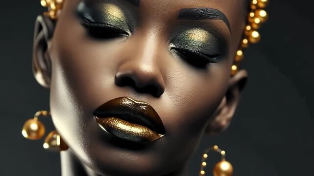Jewelry fashion portrait, woman in luxury creative golden pearls jewels, glamour female african American model with beauty face makeup wearing expensive gold stylish Jewelry on black background