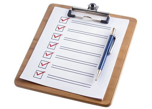 PNG completed checklist on clipboard with pen transparent