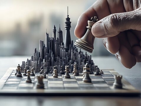 Hand Holding a Chess King Piece Over a Cityscape on a Chessboard - Powered by Adobe