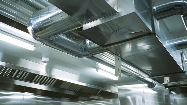 Close-up view of industrial stainless steel ductwork and ventilation system, emphasizing mechanical precision.