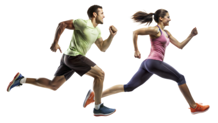 PNG athletic couple in running action isolated on transparent