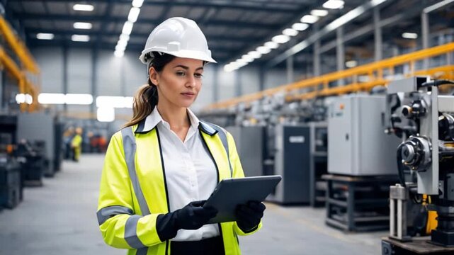 産業用ロボットを背景にタブレットでデータを操作するヘルメット姿の女性技師