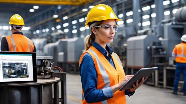産業背景を活かしタブレットでデータを操作するヘルメット姿の女性エンジニア