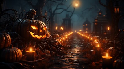 Glowing jack-o'-lanterns among pumpkins and swirling autumn leaves in a misty forest.