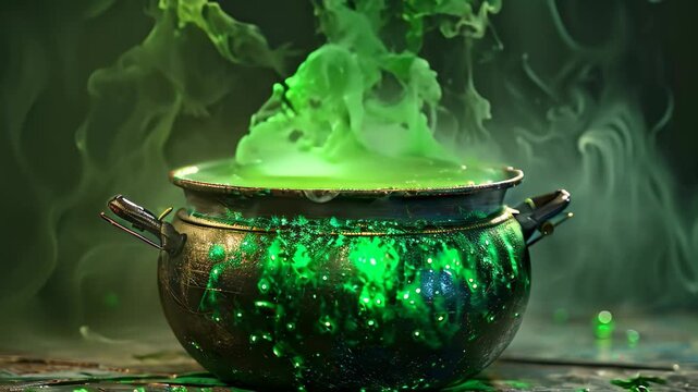 A cauldron filled with a bubbling green potion, illuminated by a soft warm light A cauldron bubbling with green potion
