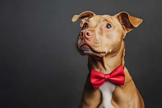 Cute dog wearing a red bow tie on color background.
