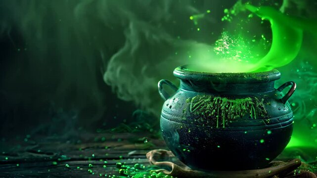 A dark night sky with multiple stars, planets, and galaxies A cauldron bubbling with green potion