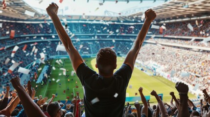 A jubilant fan cheers in a crowded stadium, celebrating a thrilling moment as confetti rains down, capturing the electric and vibrant atmosphere of a sporting event.