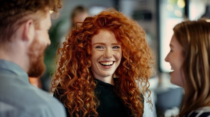 Naklejka premium A young woman with vibrant red curly hair shares a hearty laugh with friends in a lively social setting, exuding joy and warmth.