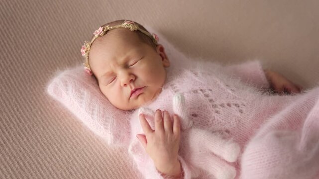 Cute Newborn Baby Asleep In Lovely Dress