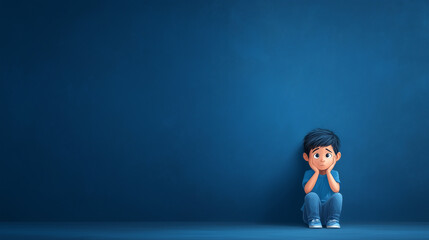 Obraz premium A sad young boy sits alone against a deep blue wall, looking worried and lost in thought.
