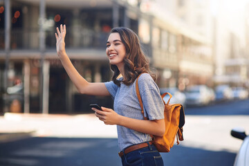Phone, smile and taxi with woman on street of city for commute, sightseeing or travel. App, hand gesture and transport with backpacking tourist person hailing cab or ride outdoor in urban town