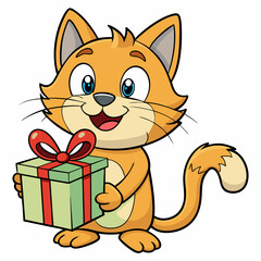 Smiling cat holding a small gift box  art vector illustration