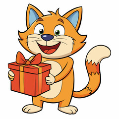 Smiling cat holding a small gift box  art vector illustration