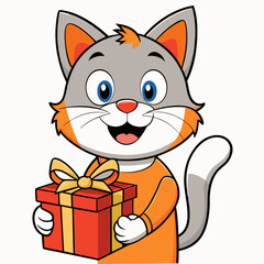 Smiling cat holding a small gift box  art vector illustration