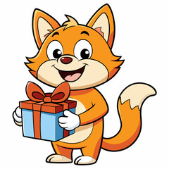 Smiling cat holding a small gift box  art vector illustration