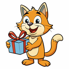 Smiling cat holding a small gift box  art vector illustration