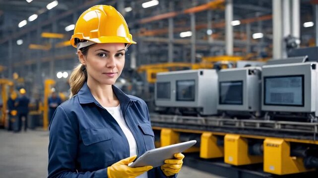 産業用ロボットとデータ管理を融合させるヘルメット姿の女性技師の工場内作業