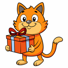 Smiling cat holding a small gift box  art vector illustration