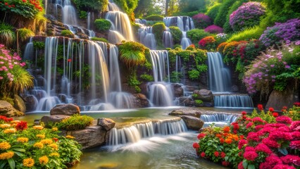 A cascading waterfall surrounded by lush greenery and colorful flowers