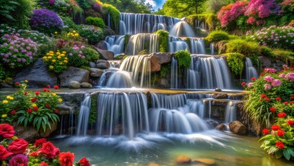 A cascading waterfall surrounded by lush greenery and colorful flowers