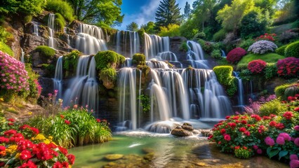 A cascading waterfall surrounded by lush greenery and colorful flowers