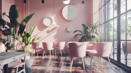 Soft pink-themed cafe interior with circular mirrors, plush chairs, and lush plants, basking in streaming sunlight, offering a cozy and chic ambiance.
